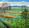 Oil painting amazing Russian landscape. Green meadows fields foggy forest hill