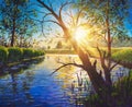 Oil painting Amazing scenery sunny morning on river art.