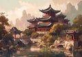 Oil painting of ancient architecture of Chinese civilization.