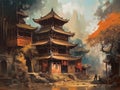 Oil painting of ancient architecture of Chinese civilization.