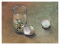 Oil painting. The apotheosis of food. Scraps. Shell quail eggs in a glass flask