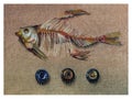 Oil painting. The apotheosis of food. Scraps. Skeleton of dry salted fish and beer cap