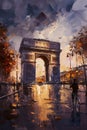 An oil painting of the arc de triomphe with the city of paris, in the style of josh adamski, eugene galien-laloue, city portraits