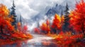 Oil painting an autumn colorful landscape, beautiful orange red trees in the forest