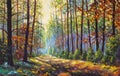 Autumn oil painting. Autumn forest with sunlight. Path in forest through trees with vivid colorful leaves. Royalty Free Stock Photo