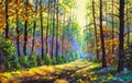 Oil painting Autumn forest scenery with rays of warm light illumining gold foliage and footpath leading into scene art Royalty Free Stock Photo