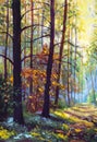 Oil painting Autumn forest scenery with rays of warm light illumining gold foliage Royalty Free Stock Photo