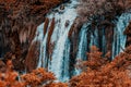 Oil painting Autumn gold Kravice waterfall on the Trebizat River in Bosnia and Herzegovina. Fall Miracle of Nature in Bosnia and