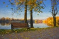 Oil painting with autumn lake