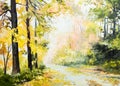 Oil painting autumn landscape, road in a colorful forest, art work Royalty Free Stock Photo