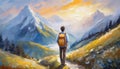 Oil painting back view male hiking in mountains with backpack. Observing landscape, travel, tourism