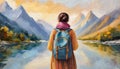 Oil painting back view woman hiking in mountains with backpack. Observing landscape, travel, tourism