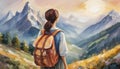 Oil painting back view woman hiking in mountains with backpack. Observing landscape, travel, tourism