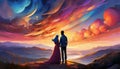 Oil painting of beautiful couple on the hill. Young lovers against dramatic sunset sky. Man and woman Royalty Free Stock Photo