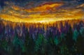 Evening Beautiful Warm ItaMagic orange clouds Bright dawn over misty foggy purple forest, foglian France summer Landscape painting