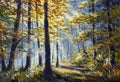 Oil painting beautiful forest with bright sun shining Royalty Free Stock Photo