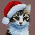 Oil painting of beautiful kitten for New Year and Christmas. Royalty Free Stock Photo