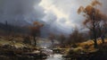 Oil painting of a beautiful landscape of a bucolic scene with a small river.