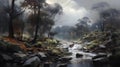 Oil painting of a beautiful landscape of a bucolic scene with a small river.