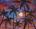 Oil painting. Beautiful relaxing landscape: palm trees, pink purple sunset and large moon. Royalty Free Stock Photo