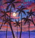 Oil painting. Beautiful relaxing landscape: palm trees, pink purple sunset over sea and large moon Royalty Free Stock Photo