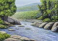 Oil painting of beautiful river stream
