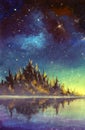 Oil painting beautiful starry sky universe space, dawn sunset over mountains sea water artwor Royalty Free Stock Photo