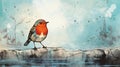 Vibrant Robin Illustration By Water With Risograph Texture