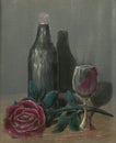 Oil painting of a bottle with a glass of red wine and a red rose on a wooden table on black background, still life Royalty Free Stock Photo