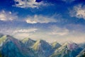 Oil painting. Blue sky over the mountains - beautiful mountain landscape. Art print for wall decor.