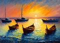 An oil painting of boats on the sea at sunset. Boat trip. Generative AI