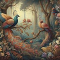 Oil painting of the bohemian style bird, in enchanted forest, flowers, plants, tree, nature view, jungle Royalty Free Stock Photo