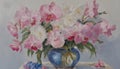 Oil painting of a bouquet of pink and white orchid flowers in a blue vase on a beige and blue background