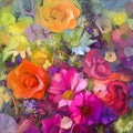 Oil painting a bouquet of rose,daisy and gerbera flowers