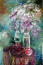 Oil painting a bouquet of wildflowers, an old kerosene lamp and an apple Royalty Free Stock Photo