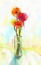 Oil painting bouquet of yellow and red gerbera flowers in glass Royalty Free Stock Photo