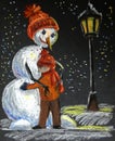 Oil painting a boy hugs a snowman in the evening under the lantern