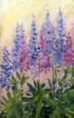 Oil painting. Bright Lupine Flowers Royalty Free Stock Photo