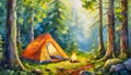 Oil painting camping site and landscape forest, camp tent in the woods, summer or spring outdoor Royalty Free Stock Photo