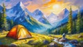 Oil painting camping site and landscape mountains forest, camp tent in the woods, summer outdoor Royalty Free Stock Photo