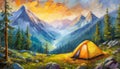 Oil painting camping site and landscape mountains forest, camp tent in the woods, summer outdoor Royalty Free Stock Photo