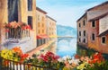 Oil painting, canal in Venice, Italy, famous tourist place