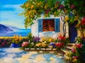 Oil painting on canvas of a beautiful houses near the sea Royalty Free Stock Photo