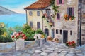 Oil painting on canvas of a beautiful houses near the sea Royalty Free Stock Photo