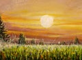 Oil painting on canvas beautiful warm sunset dawn over green field meadow handmade artist.
