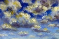 Oil painting on canvas, clouds, beautiful fluffy clouds on a blue sky close-up, modern Artwork