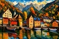 Oil painting on canvas of colorful houses on the shore of Lake Bled, Slovenia
