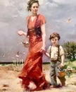 Oil painting on canvas, a beautiful woman with a boy