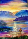 Oil painting on canvas. drawing of a monk in a boat. landscape acrylic interior painting. Drawing and painting lessons. A man in a