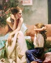 Oil painting on canvas, a gorgeous woman with a girl
